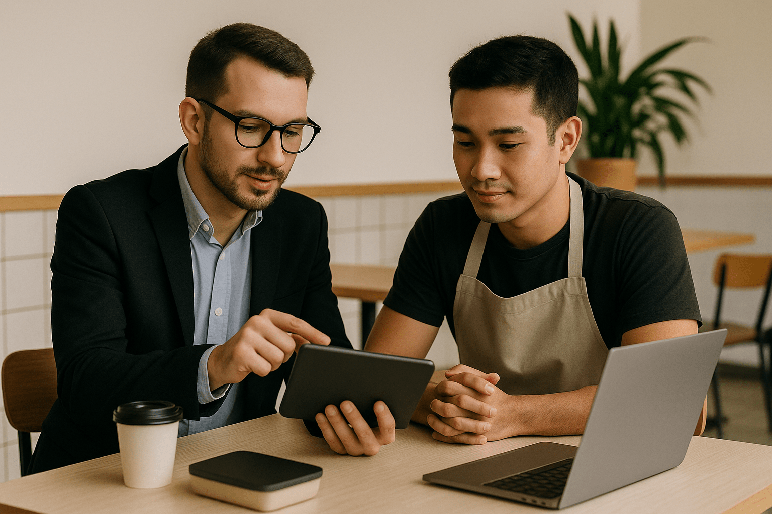 Consultant advising small business owner using technology tools